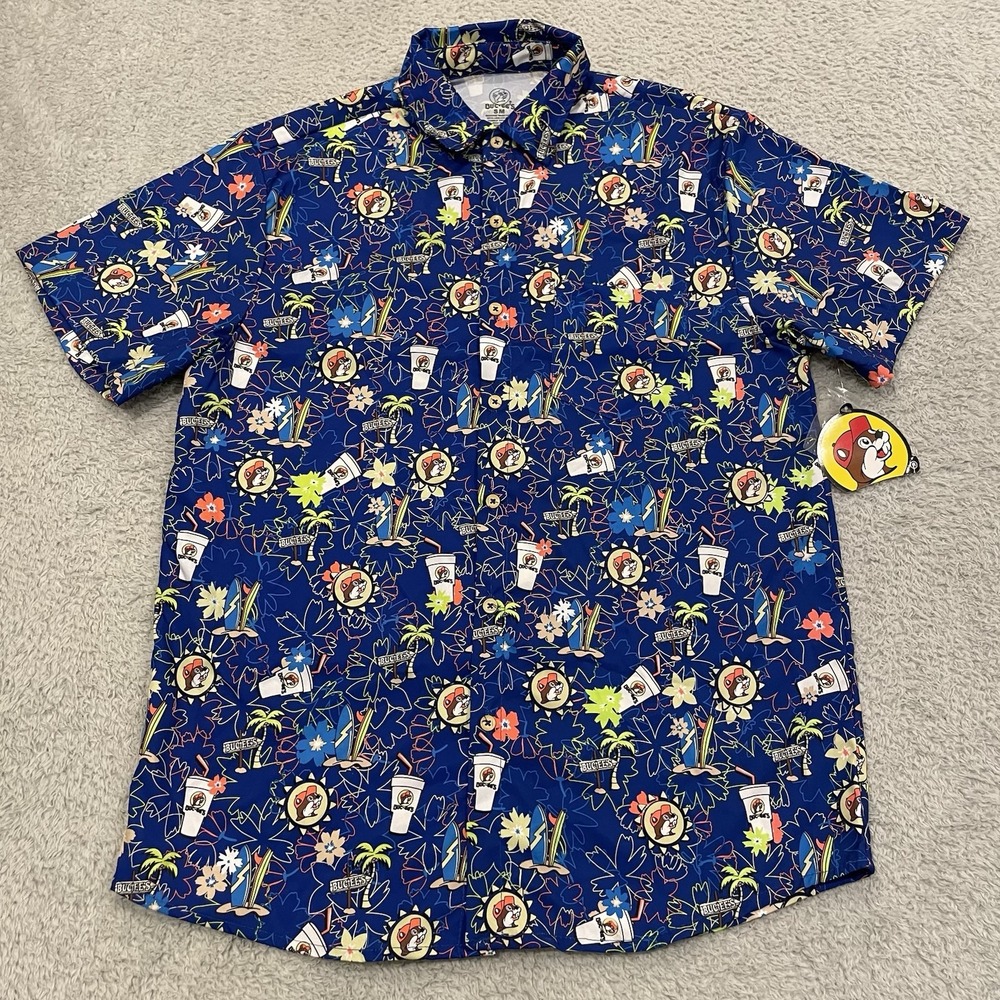 NWT Buc-ees Beaver Hawaiian Shirt Mens‎ Small Blue Tropical Camper Button Up